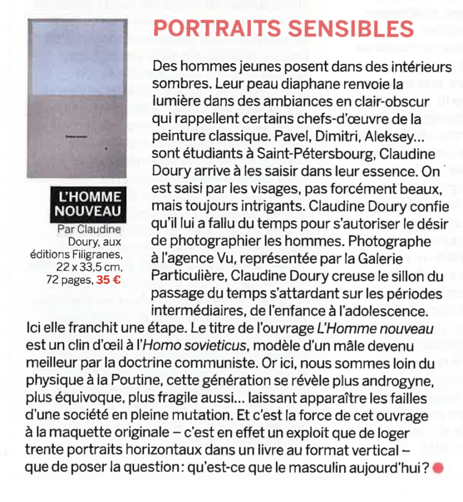 Article de Sylvie Hugues dans "le monde de la photo" en 2017 sur le livre "L'Homme nouveau" de Claudine Doury
